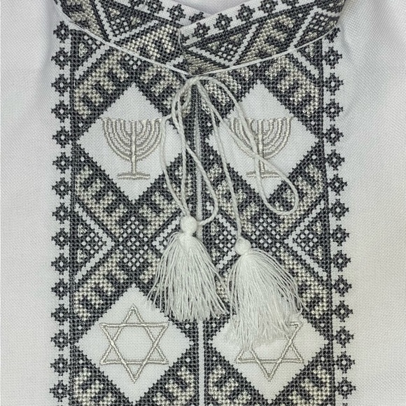 White Men’s Embroidered Shirt with Jewish Symbols - Picture 4 of 6